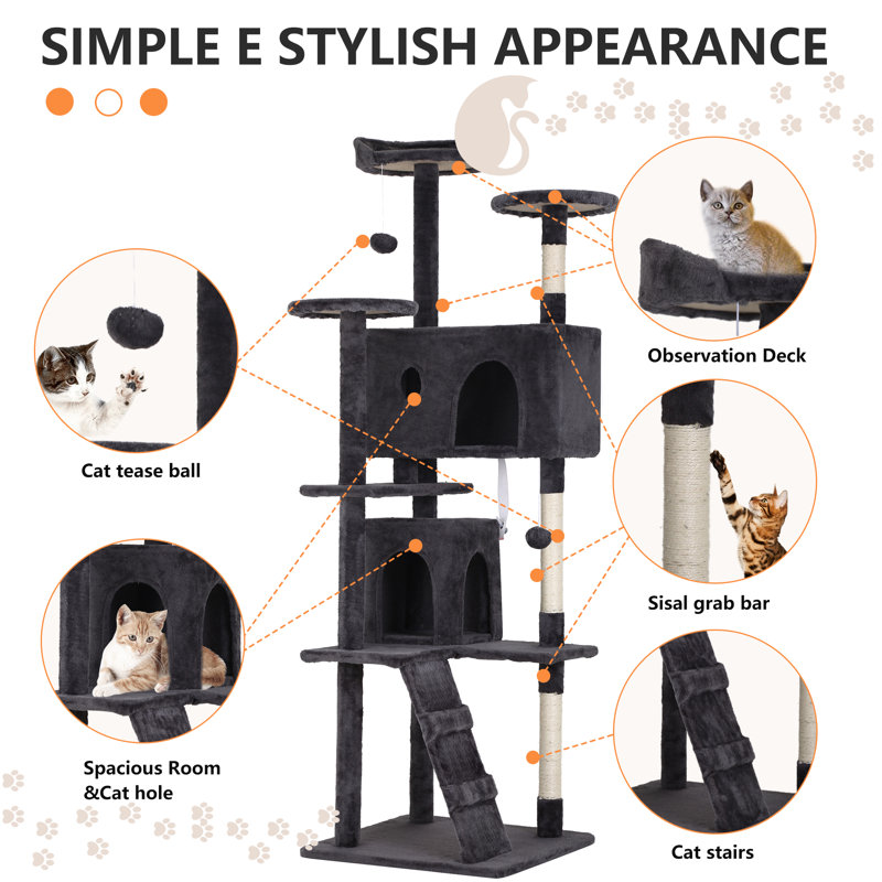 Dark Gray 70'' Faux Fur and Sisal Cat Tree Tower
