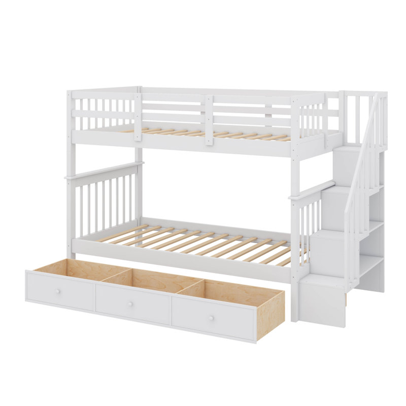 Twin-Over-Twin Bunk Bed With Steps & Three Drawers For Storage, Hardwood Stairway Style Bunk Bed, White