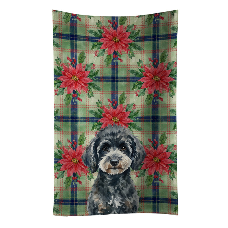 Miniature Black Poodle Christmas PoinsettIas Kitchen Towel, Miniature Black Poodle