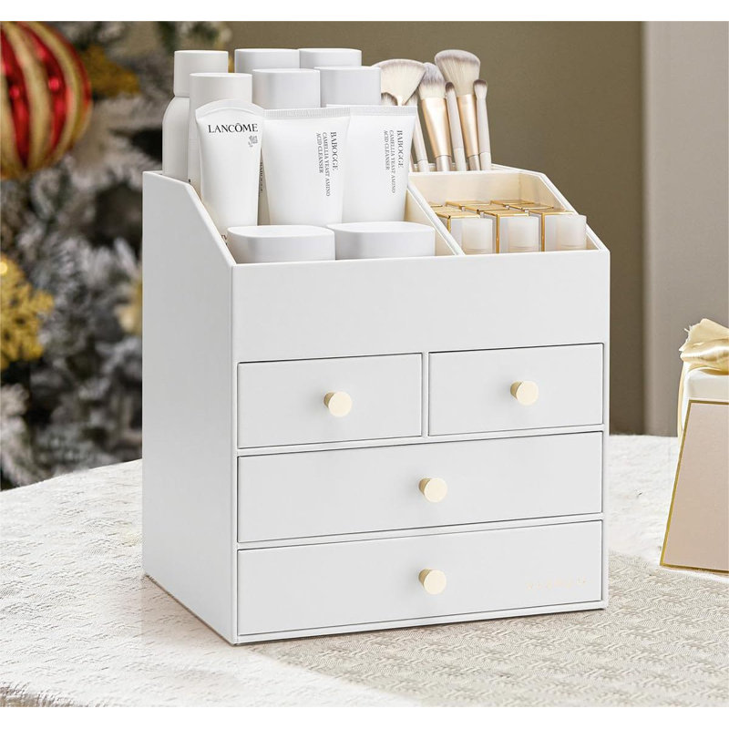 Organisateur de maquillage pour comptoir, grand meuble-lavabo en cuir synthétique avec rangement à 4 tiroirs, étagère à cosmétiques pour rouge à lèvres, pinceaux, blanc