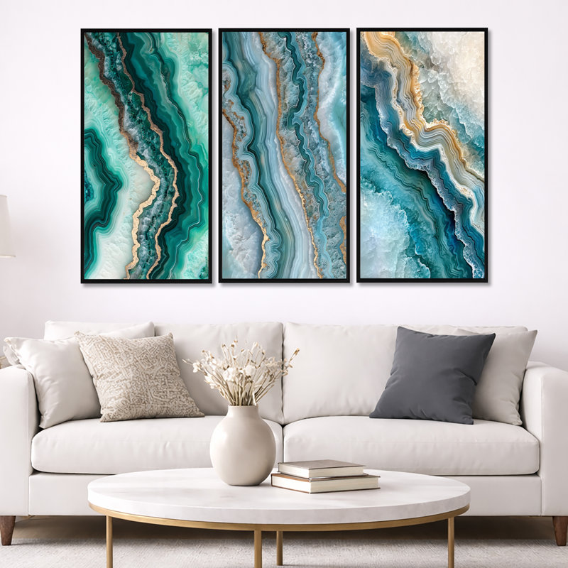 «Agate Dream River III - Green Geode», ensemble de 3 toiles d'art encadrées, H 32 po x l 48 po, Cadre flottant noir