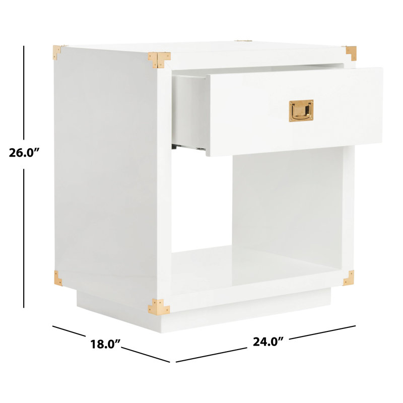 White Lacquer Rectangular Side Table with Brass Accents and Storage