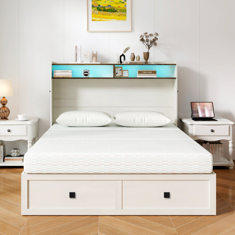Lit escamotable Farmhouse Queen, lit mural mobile avec éclairage DEL, ports de chargement et armoire de rangement pour petits espaces