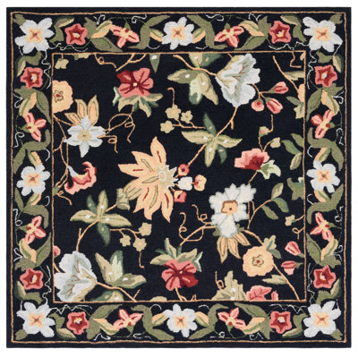 Hollander Floral Handmade Looped/Hooked Wool Black Area Rug
