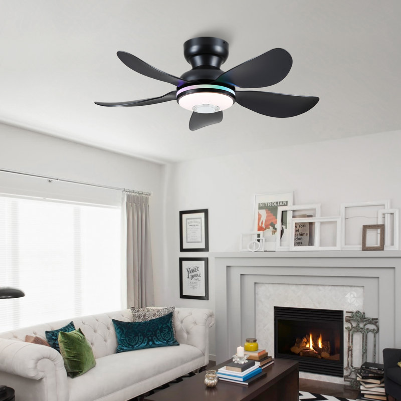 Flush Mount Ceiling Fan With Light And Remote/app, 36" Wide, Black