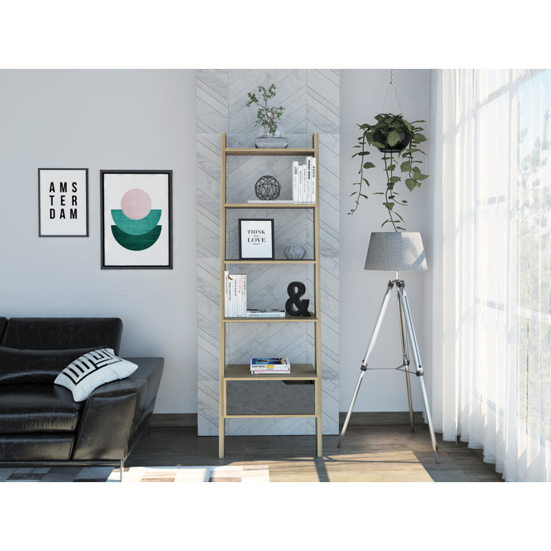 Duflos 5 Shelf Tall Ladder Bookcase with Drawer