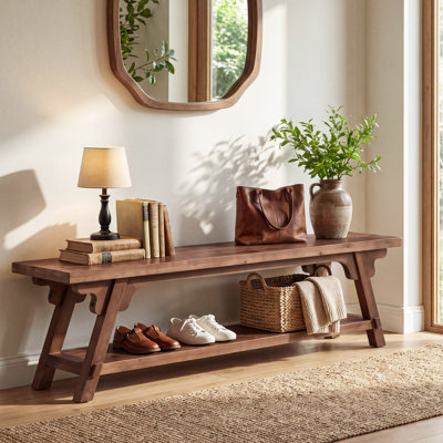 63 Inch Solid Wood Dining Bench, Rustic Long Kitchen Bench with Lower Storage Shelf,Brown