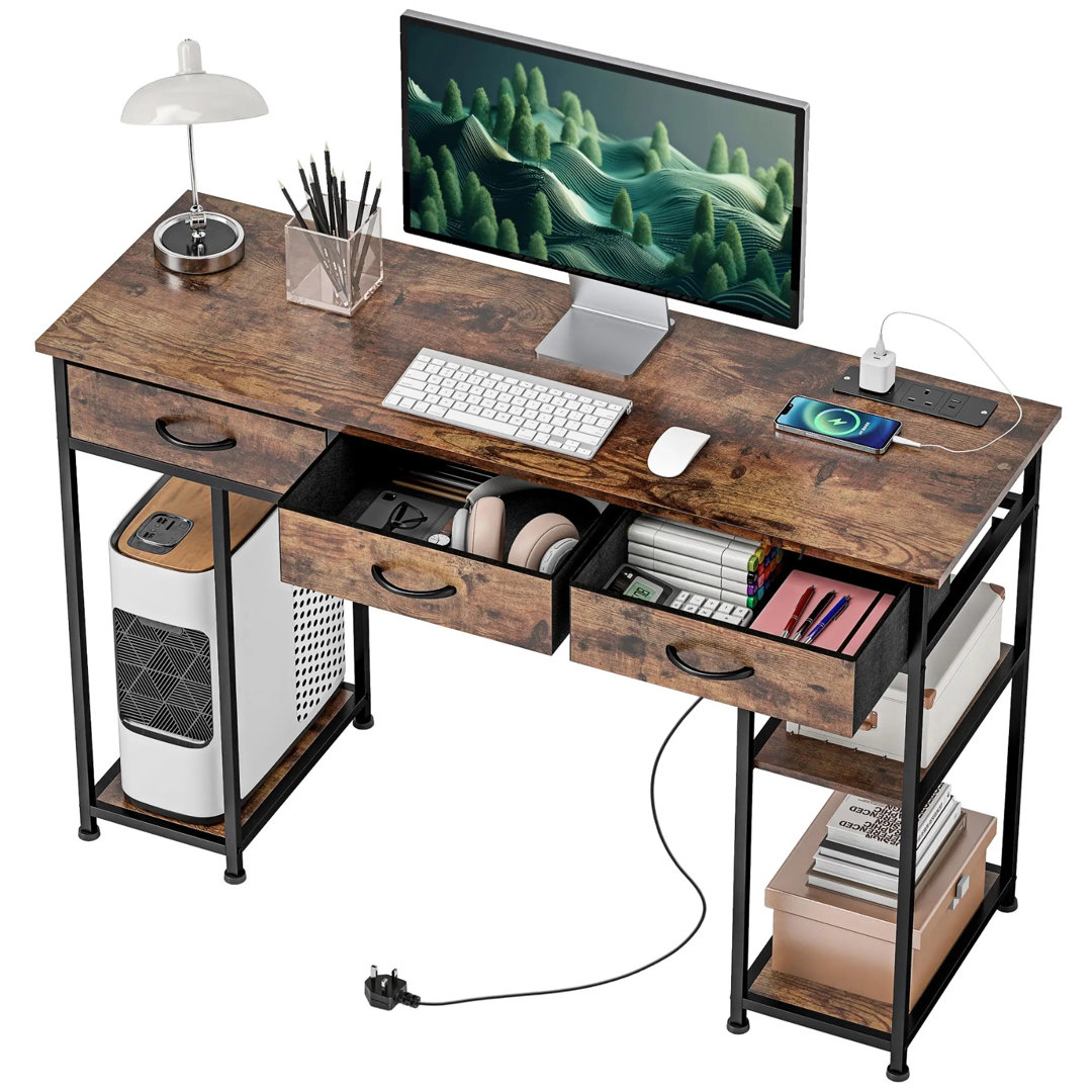 Industrial 120CM Computer Desk With Drawers and USB Outlets
