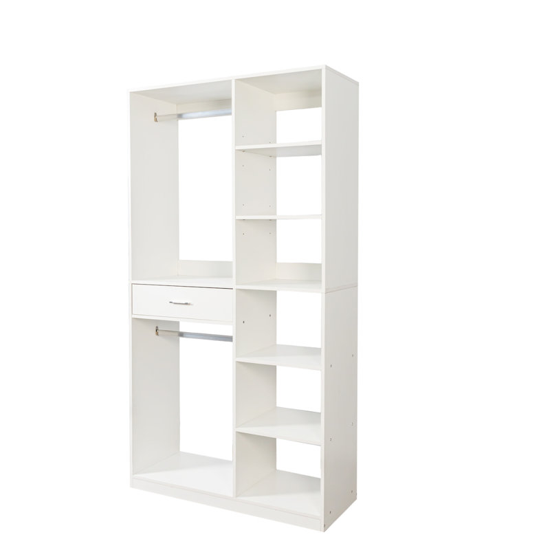Système de garde-robe autoportant, garde-robe autonome avec 6 tablettes ouvertes, garde-robe avec 1 tiroir en bois, garde-robe en bois avec 2 tringles de suspension
