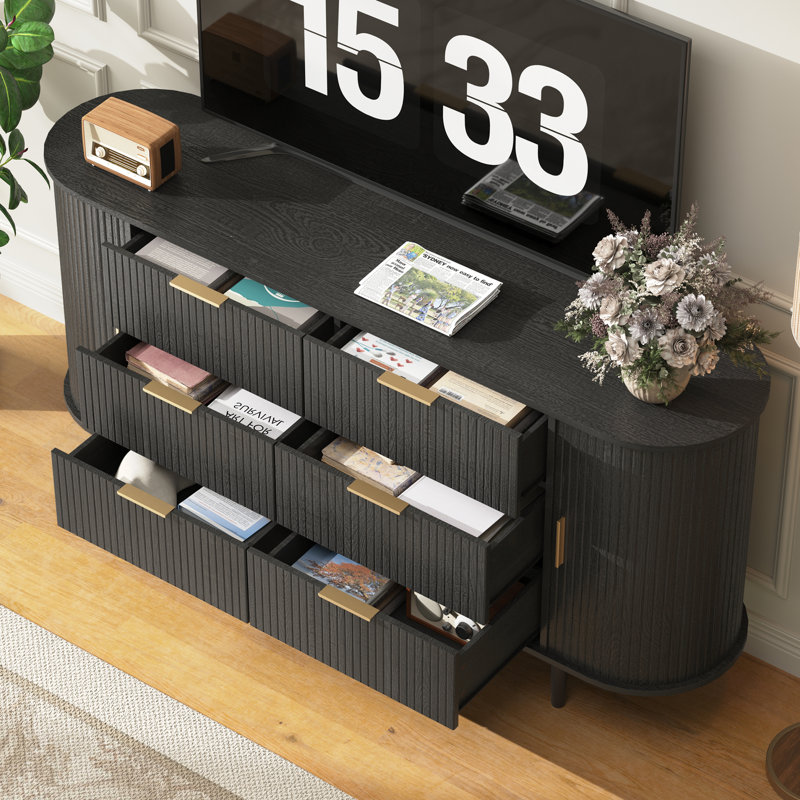 Modern 6 Drawer Dresser, 63-Inch Wood Chest Of Drawers, Curved Anti-Collision Design, Mid-Century Storage Cabinet,Fluted Double,Natural Texture, For Bedroom, Living Room, TV Stand, Nursery,Black