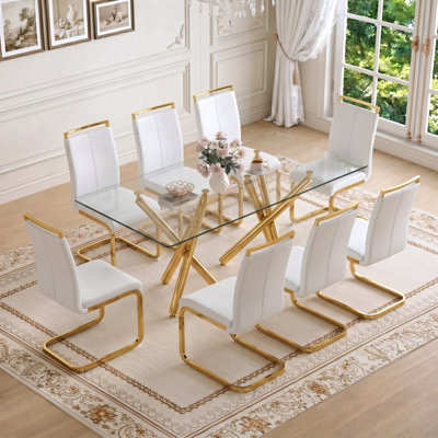 Modern Rectangular Glass Dining Set with Geometric Frame and Cantilever Chairs