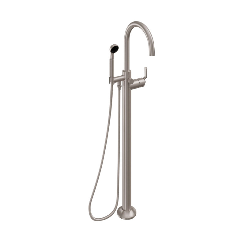 Descanso Bath Floor Mounted Tub Filler with Diverter and Handshower, Lever Handle, Satin Nickel/Silver