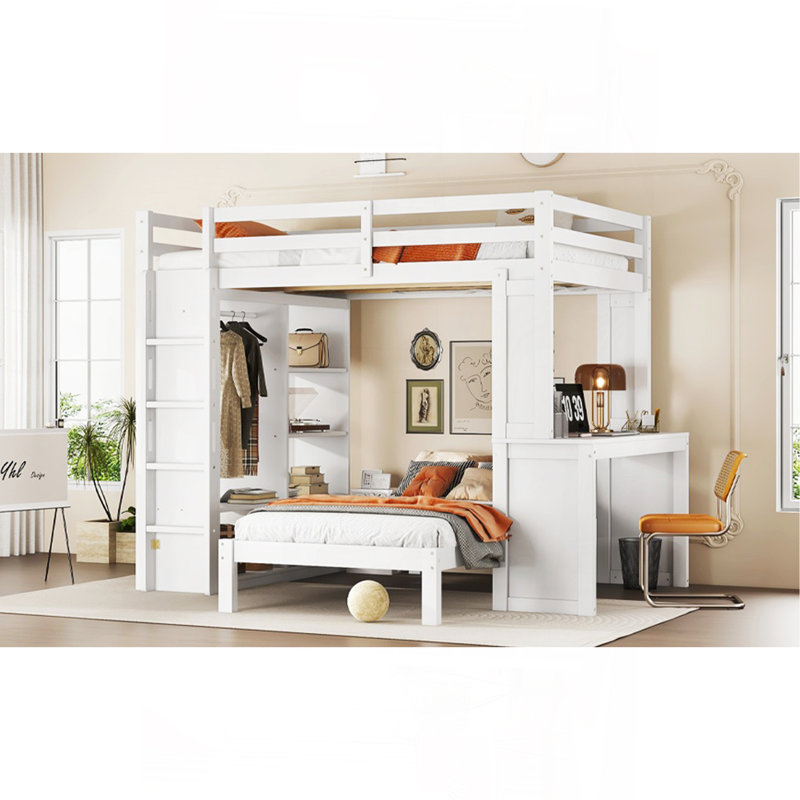 Full XL/Full Over Twin Bunk Bed With Dismountable Lower Bed And Desk, Solid Wood Bunk Beds Frame With Built-In Shelves And Wardrobe, Can Be Converted Into Loft Bed, White