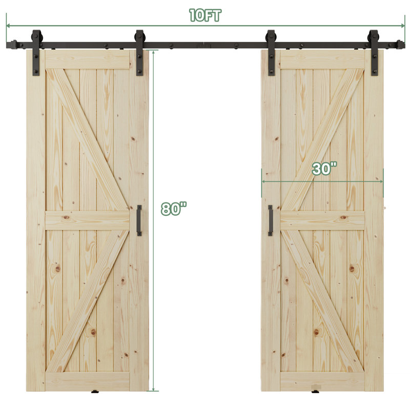 Portes de grange doubles à panneaux en bois massif non finis avec quincaillerie d'installation, 60 po x 80 po