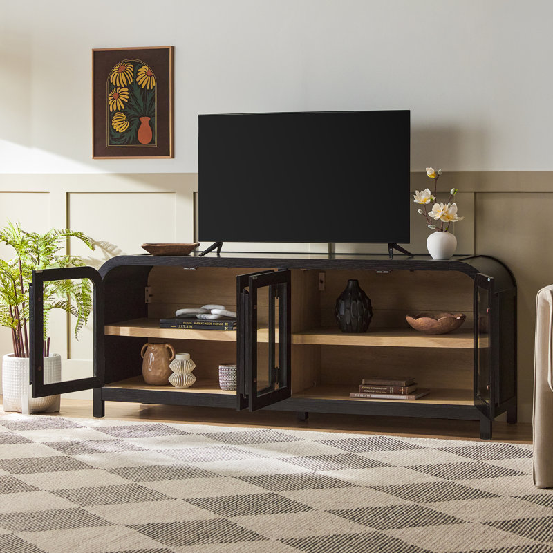 Modern Curved Easy Assembly TV Stand with Glass Doors, 70 Inch, Black