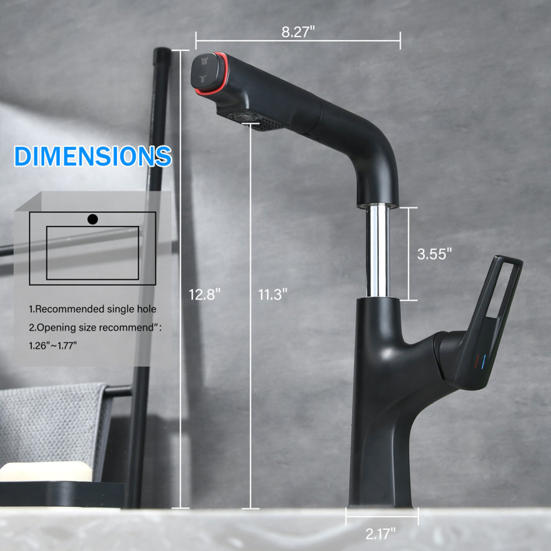 Robinet de vasque rétractable noir mat - Robinet de lavabo de salle de bain à un trou avec bec relevable et modes de jet doubles