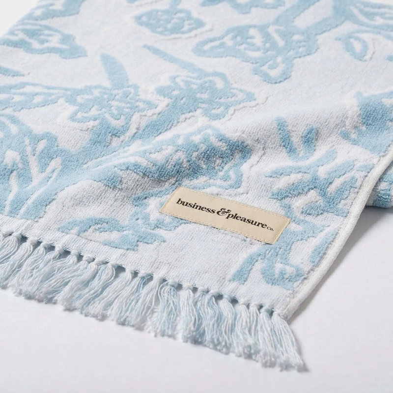 Beach Towel, Hanalai Bay Blue Jacquard Floral