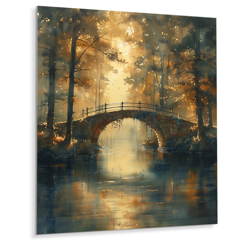 Pont brun et bord de l'eau au printemps - Décoration murale Bridges, H 32 po x l 16 po x P 1 po, Métal métal