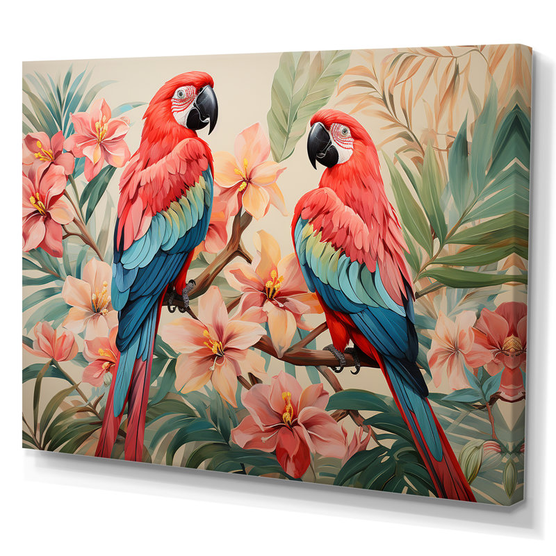 Fleurs tropicales roses et bleues - art mural perroquet, Toile tendue, H 24 po x l 32 po x P 1 po