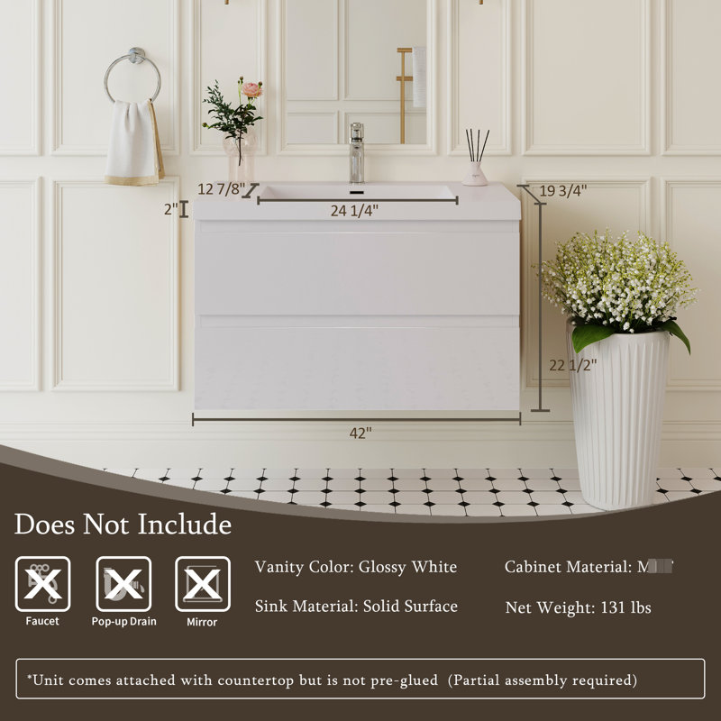 Meuble-lavabo flottant de 42 po avec lavabo, comptoir à surface solide blanc brillant, tiroirs à fermeture en douceur, look minimaliste, espace, lavabo en résine, installation facile, conception en bois durable, comptoir, comptoir