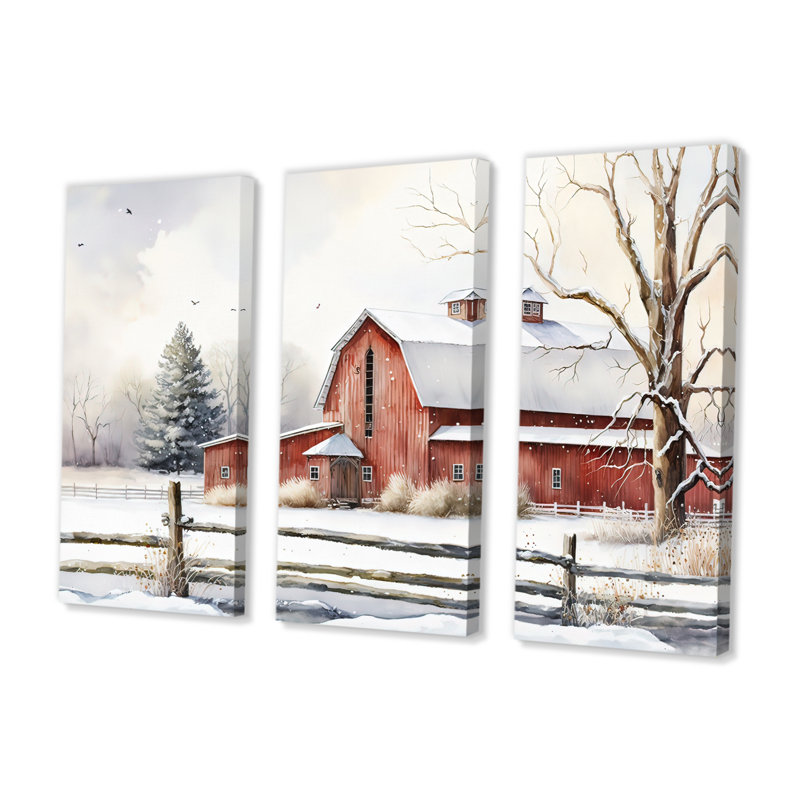 Calm Red Barn In Winter II - ensemble d'art mural sur toile Farmhouse, H 32 po x l 48 po x P 1 po, Toile tendue