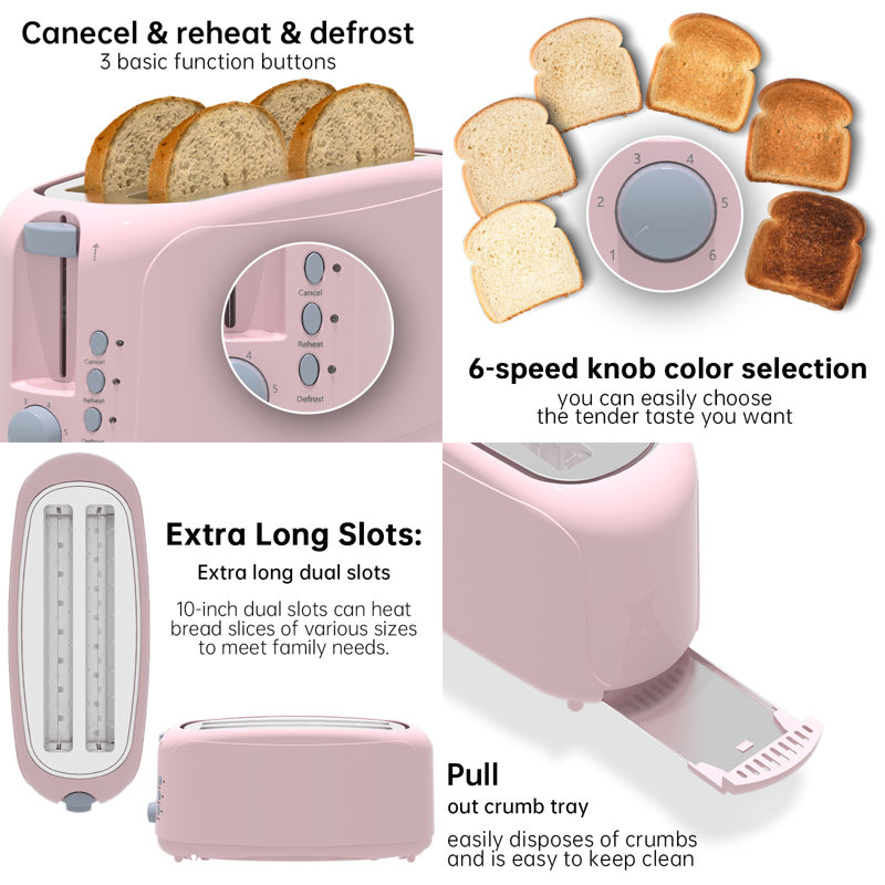 4 Slice Extra Long Slot Toaster With 6 Browning Levels & Defrost/Reheat Functions,Pink, Pink