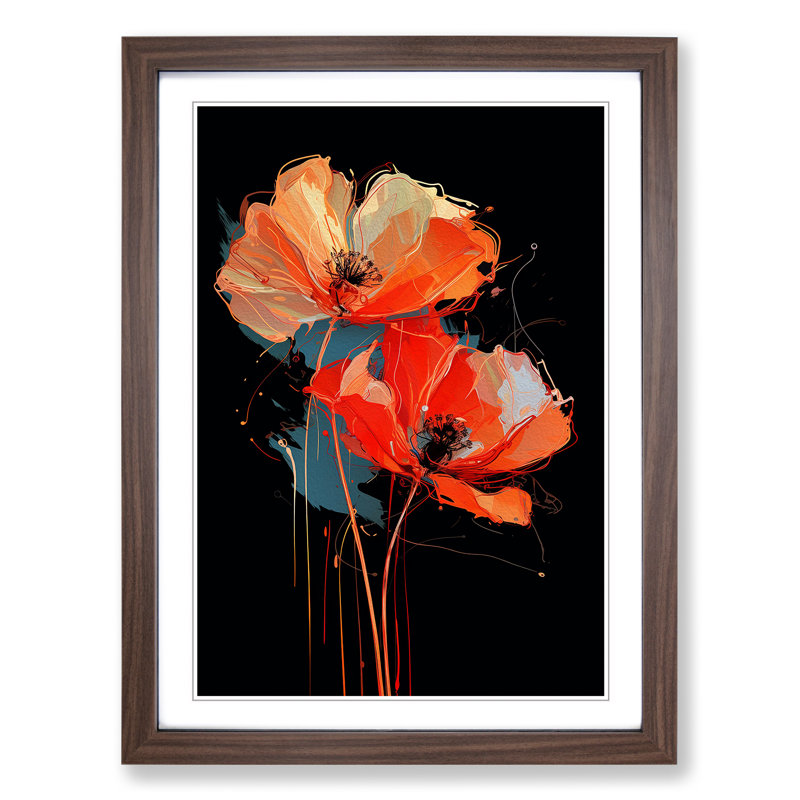Poppy Flower Gestural - Single Picture Frame Print on Wood, Walnut Framed, 46cm H x 34cm W x 2cm D