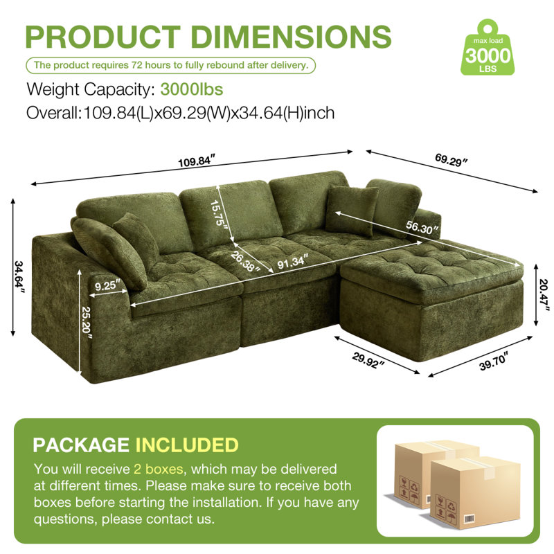 Spacious Green Chenille Sectionals, Modular L-shape Sofa For Home