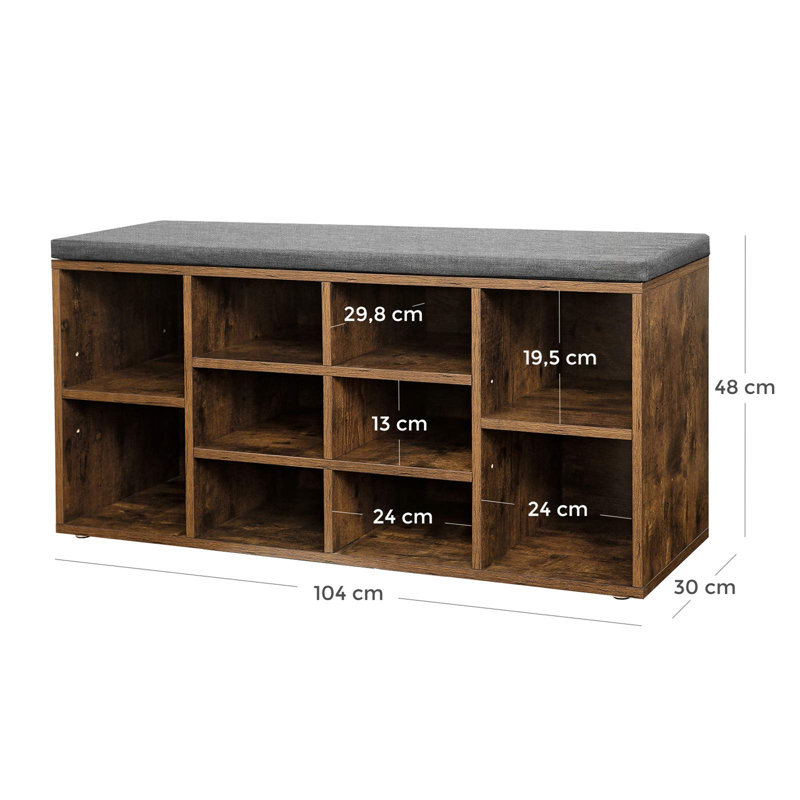 10 Pair Shoe Storage Bench, Rustic Brown