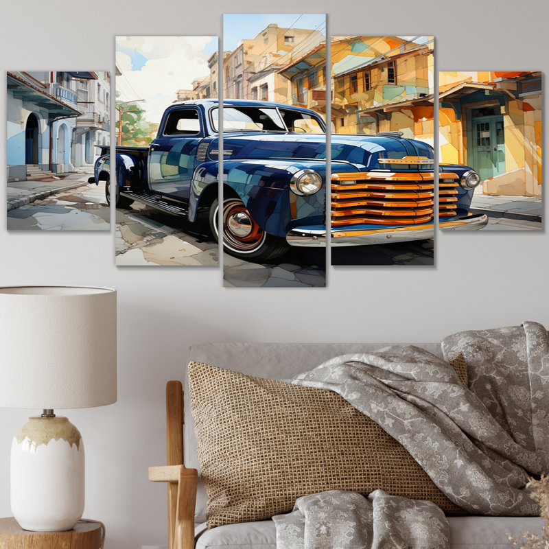 Camionnette orange bleue audacieuse «Contours II» - Impression sur toile transport - 5 panneaux