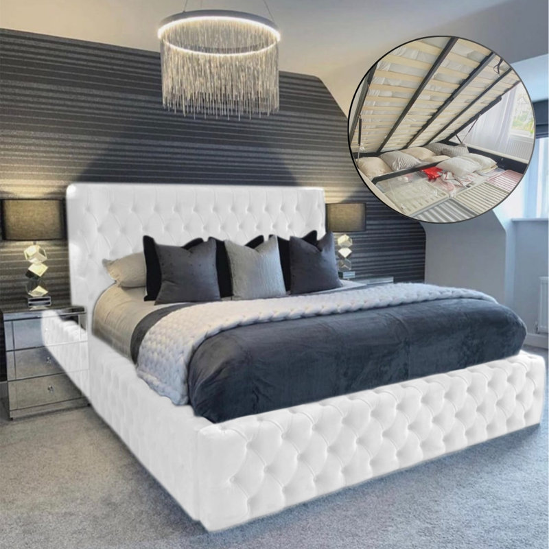 Aliyannah Upholstered Ottoman Storage Bed, White, Super King (6')