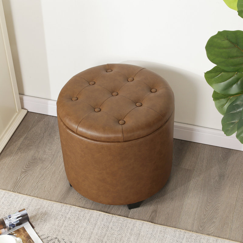 Repose-pieds de rangement rond en similicuir de 18 po avec coussin touffeté, Brun