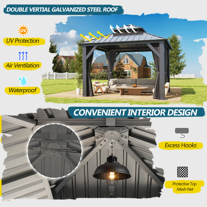 10 ft x 10 ft Black Aluminum Frame Gazebo with Curtains and Netting