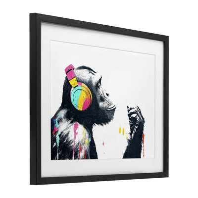 Ape On Air Headphones Framed Print Under Glass, design by Svetlana Aleynikova