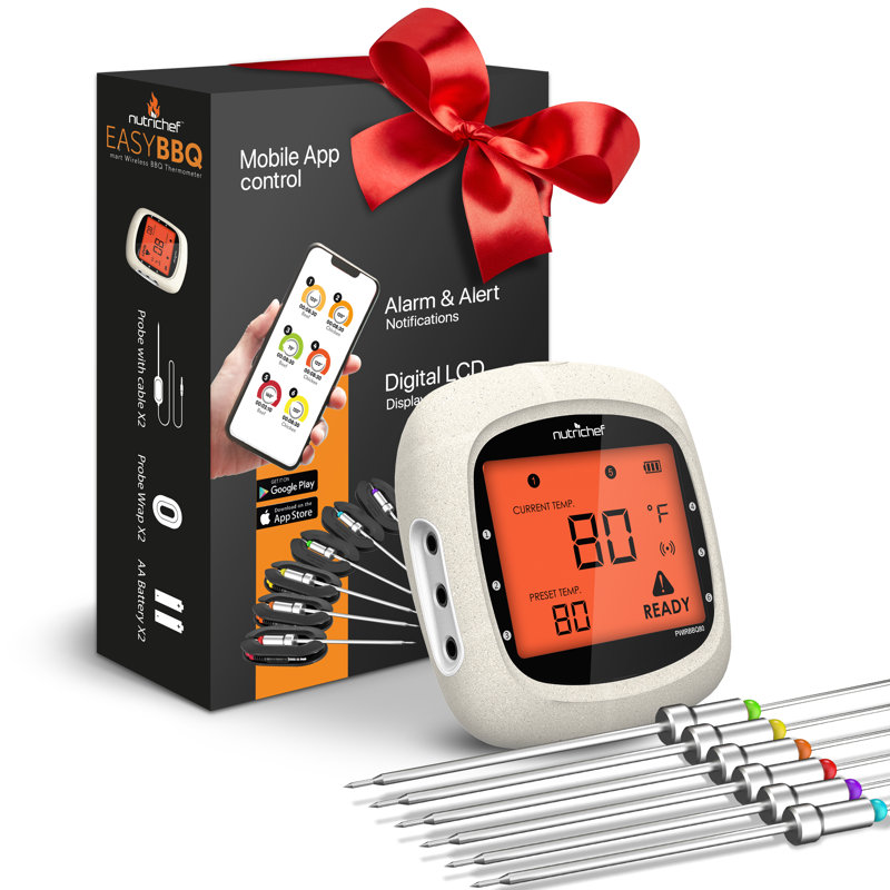 Nutrichef Bluetooth Meat Thermometer For Grilling And Smoking With 6 Wireless Meat Probes, 6 Channels With Lcd Display