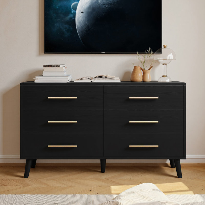 47.5''W 6-Drawer Double Dresser with metal handles，storage cabinet, Black