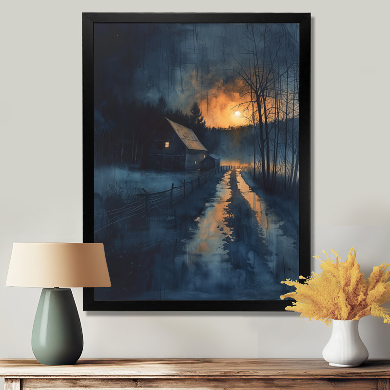  «Yellow Blue Sunset Serenity Barn - Barn Wall Art, H 44 po x l 34 po x P 1,5 po, Toile encadrée noire simple