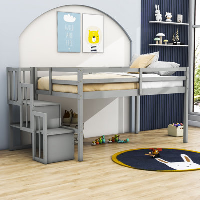 Demarcos Twin Size Wood Loft Bed with Shelves and Staircase