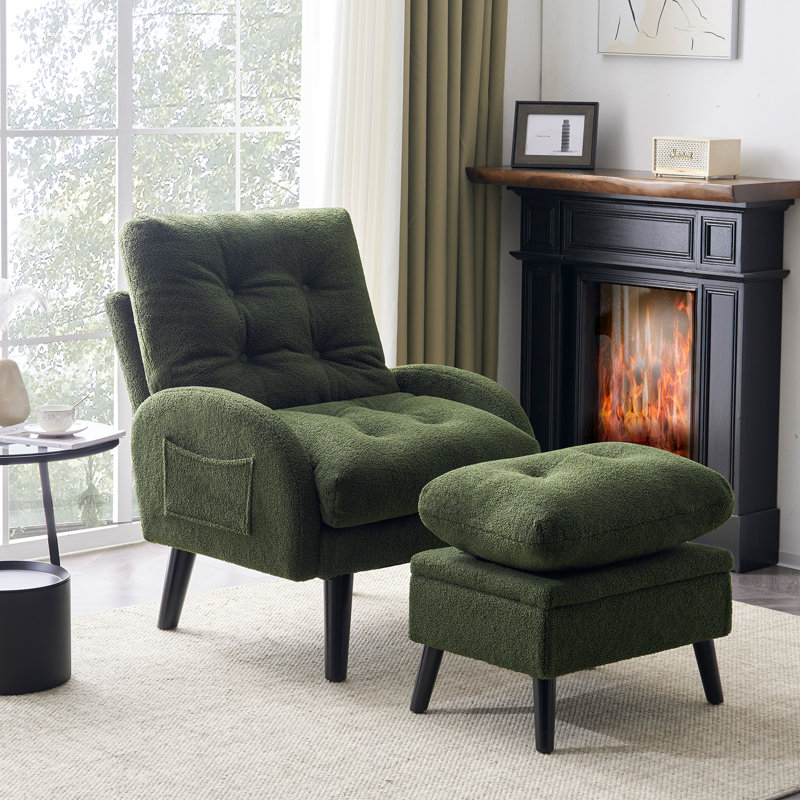 Elandra Upholstered Accent Chair and Ottoman, with 5 Level Adjustable Backrest, Green Teddy Fleece