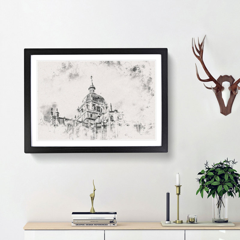 Almudena Cathedral in Madrid Spain Watercolour 1 Piece Single Picture Frame Wall Art on MDF, 40cm H x 60cm W x 2cm D