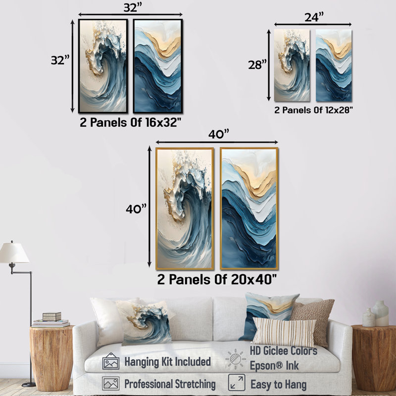 Ensemble de 2 pièces d'art mural marbré blanc et bleu - vagues côtières, H 28 po x l 24 po, Impression encadrée, Doré