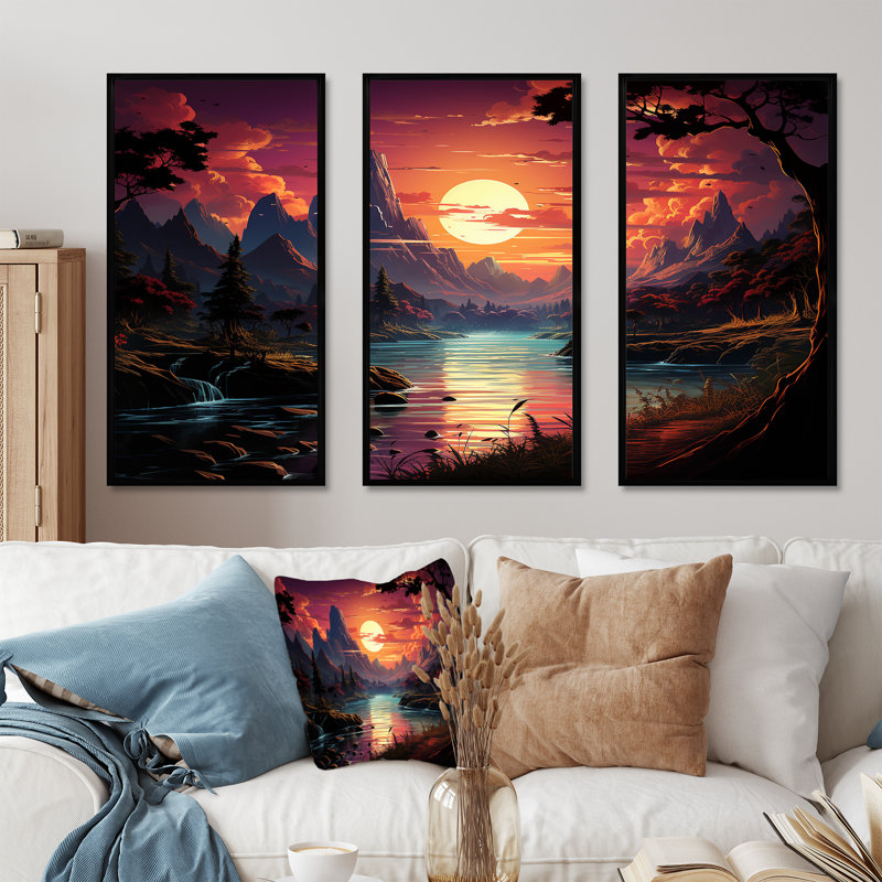 Eau turquoise et coucher de soleil orange dans les montagnes - ensemble de salon d'art mural paysage abstrait