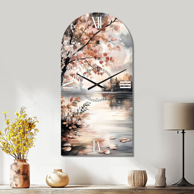 Spring Lakeside Reflection II - Brown Landscape Arched Wall Clock