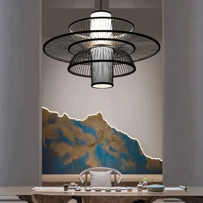 Japanese Style E27 Bamboo Chandelier, Multilayer Braided Rattan Pendant Lamp, Single Head Ceiling Hanging Light, Living Room Bedroom Decor Lighting Fixture