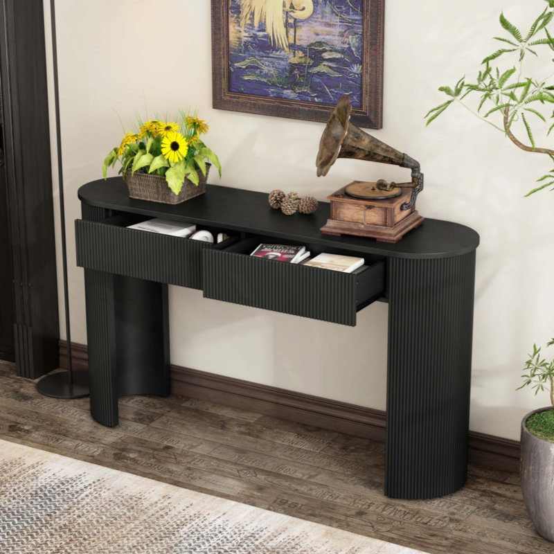 Table d'entrée avec design cannelé, console moderne avec rangement, plateau ovale et 2 tiroirs pour l'entrée et le salon