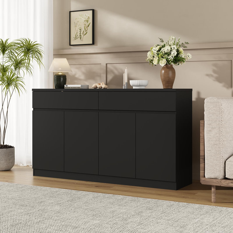 63'' Sideboard Buffet Cabinet With 4 Doors And 2 Drawers, Kitchen Sideboard, Black