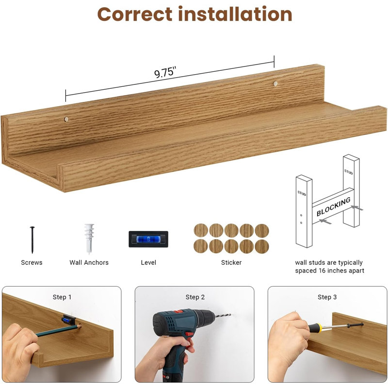 Ensemble de 3 tablettes à rebords flottants avec rebords pour mur, Naturel