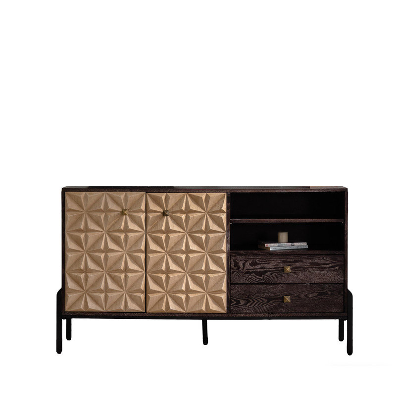 Buffet Mid-Century moderne avec portes géométriques, armoire de rangement en bois massif avec 2 tiroirs et tablettes réglables pour le salon, la salle à manger