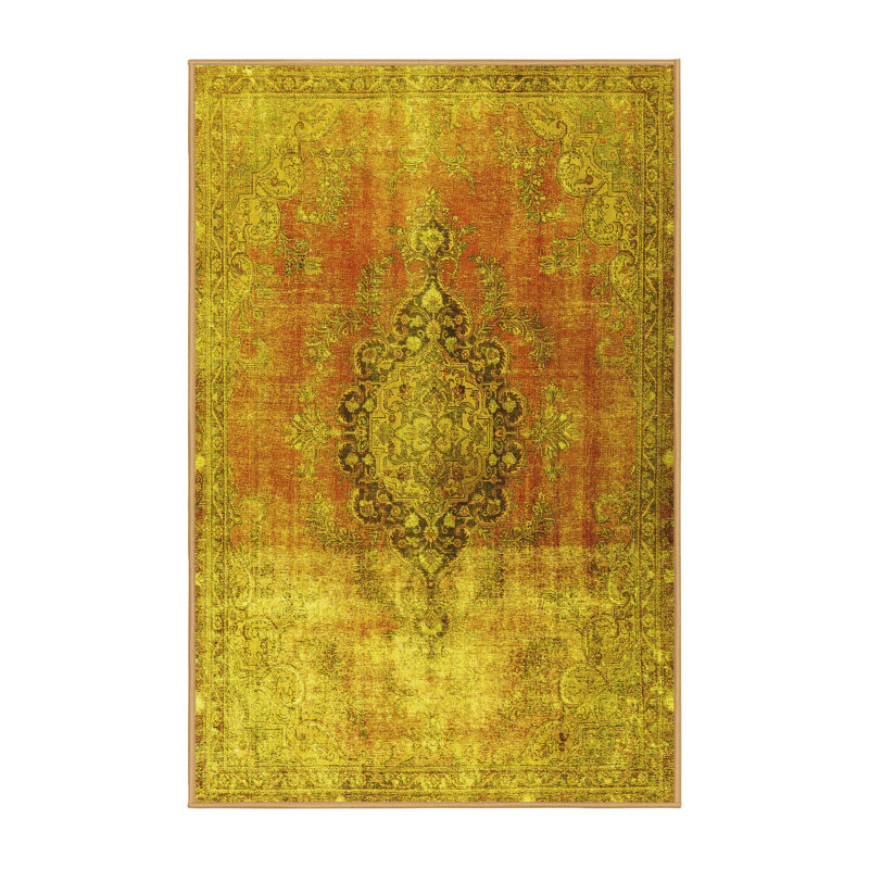 Tapis lavables en machine Merchan Traditional 3081 - jaune, Rectangle 8 pi x 10 pi