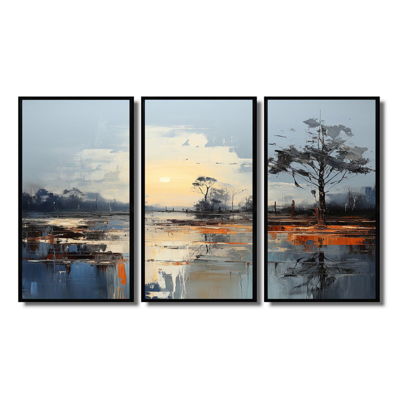 «Blue Sunset In The Silent Meadow», ensemble d'art mural abstrait, Cadre flottant noir, H 40 po x l 60 po x P 1 po